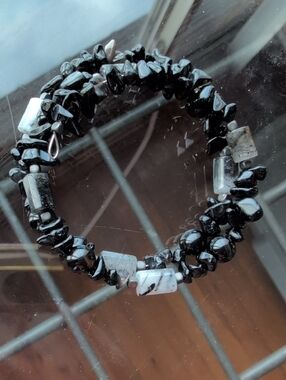 Black and White Quartz  And Obsidian Beaded Memory Wire Bracelet